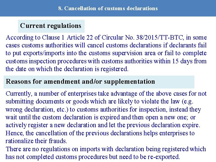 8. Cancellation of customs declarations Current regulations According to Clause 1 Article 22 of