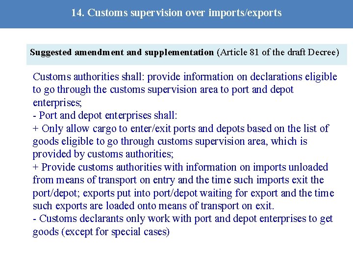 14. Customs supervision over imports/exports Suggested amendment and supplementation (Article 81 of the draft
