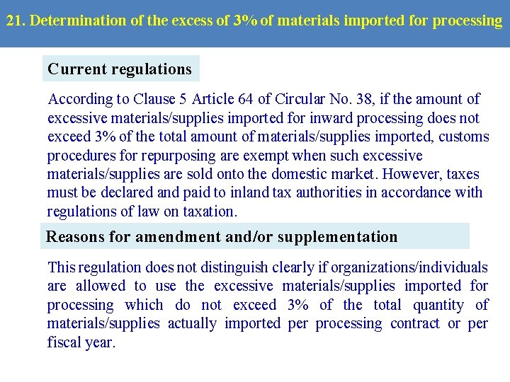 21. Determination of the excess of 3% of materials imported for processing Current regulations