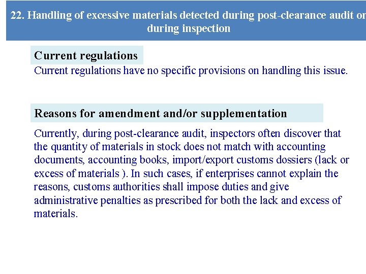 22. Handling of excessive materials detected during post-clearance audit or during inspection Current regulations