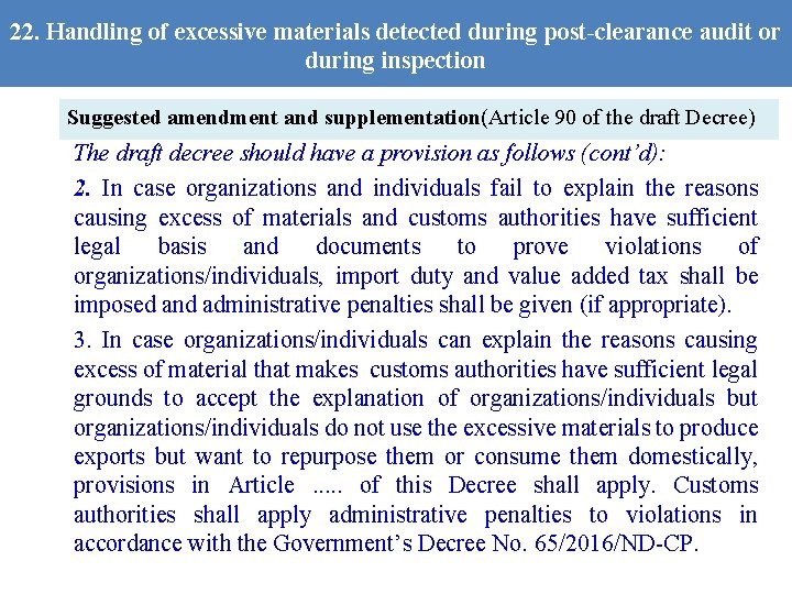 22. Handling of excessive materials detected during post-clearance audit or during inspection Suggested amendment