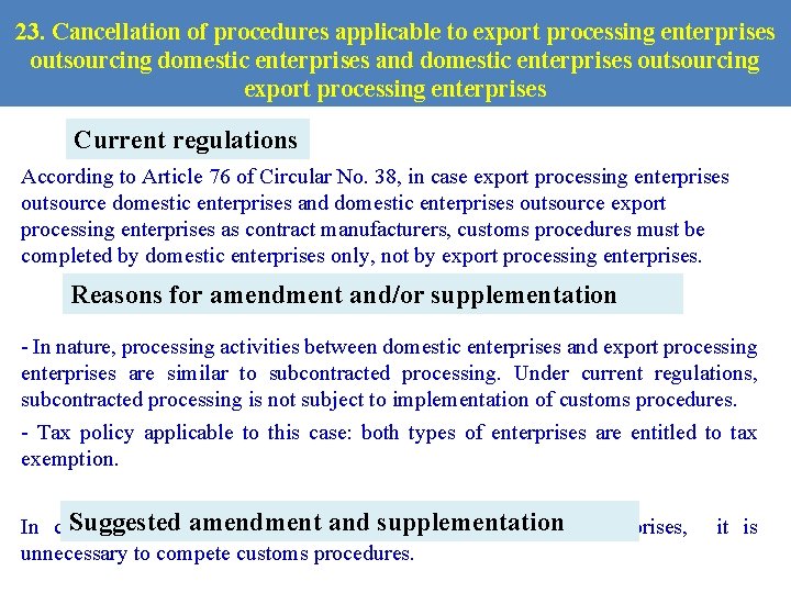 23. Cancellation of procedures applicable to export processing enterprises outsourcing domestic enterprises and domestic