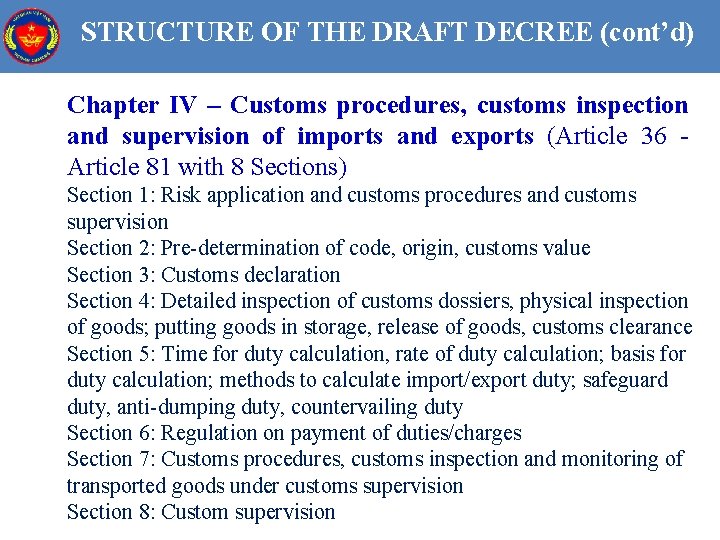 STRUCTURE OF THE DRAFT DECREE (cont’d) Chapter IV – Customs procedures, customs inspection and