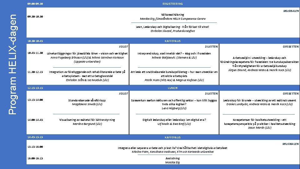 09. 00 -09. 30 REGISTRERING 09. 30 -10. 30 Välkomsthälsning Mattias Elg, föreståndare HELIX