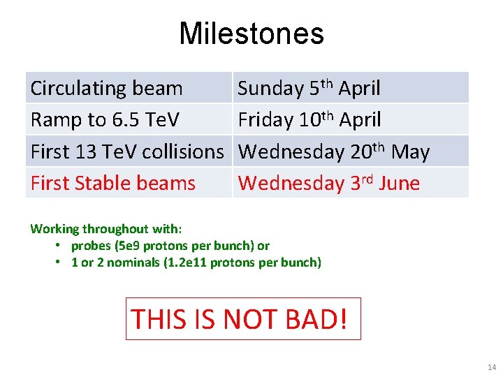 Milestones Circulating beam Ramp to 6. 5 Te. V First 13 Te. V collisions