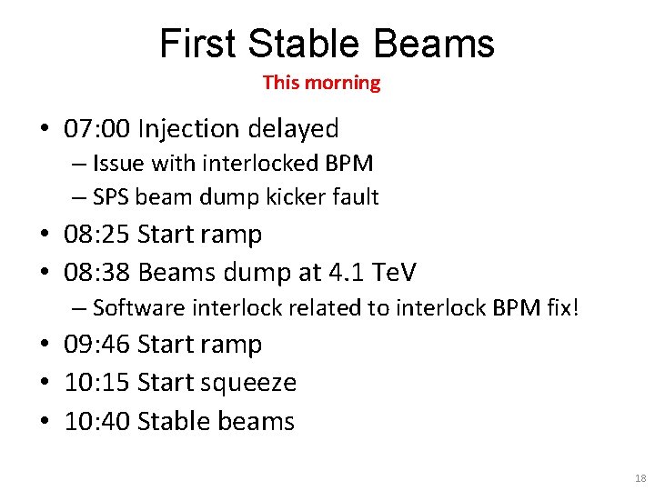 First Stable Beams This morning • 07: 00 Injection delayed – Issue with interlocked
