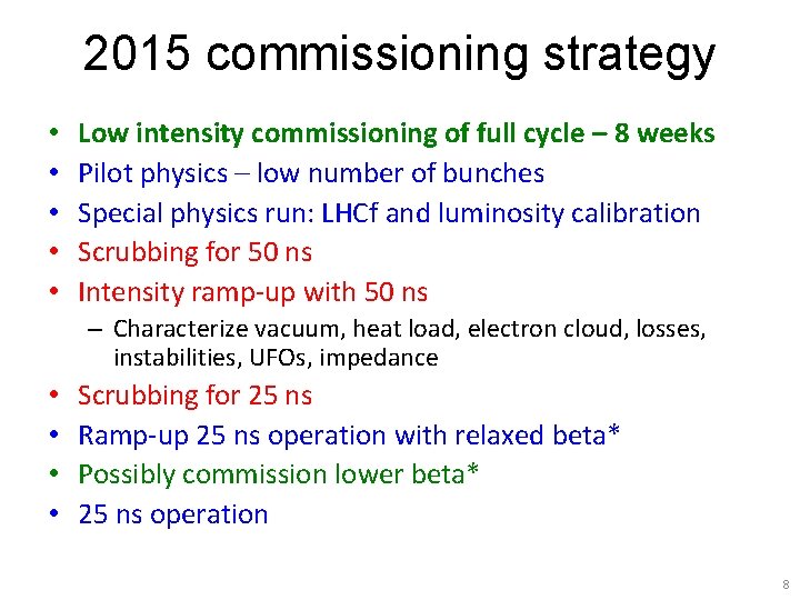 2015 commissioning strategy • • • Low intensity commissioning of full cycle – 8