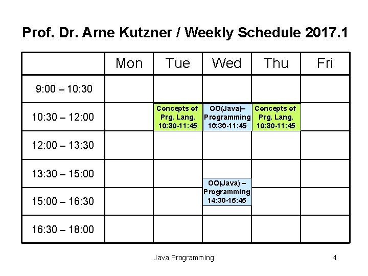 Prof. Dr. Arne Kutzner / Weekly Schedule 2017. 1 Mon Tue Wed Thu Fri