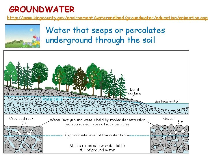 GROUNDWATER http: //www. kingcounty. gov/environment/waterandland/groundwater/education/animation. aspx Water that seeps or percolates underground through the