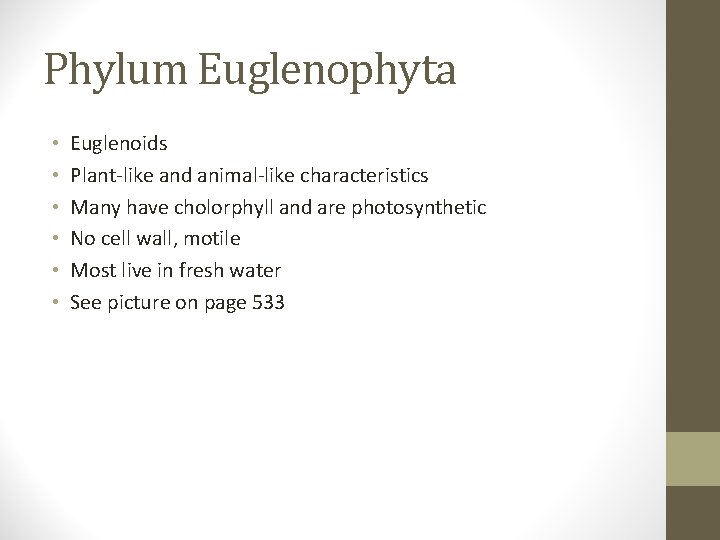 Phylum Euglenophyta • • • Euglenoids Plant-like and animal-like characteristics Many have cholorphyll and