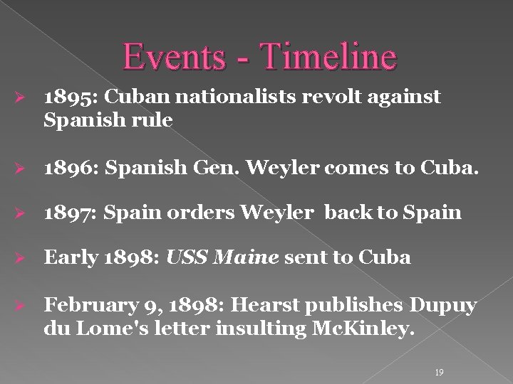 Events - Timeline Ø 1895: Cuban nationalists revolt against Spanish rule Ø 1896: Spanish