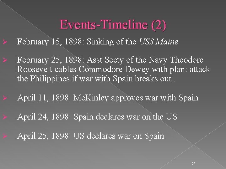 Events-Timeline (2) Ø February 15, 1898: Sinking of the USS Maine Ø February 25,