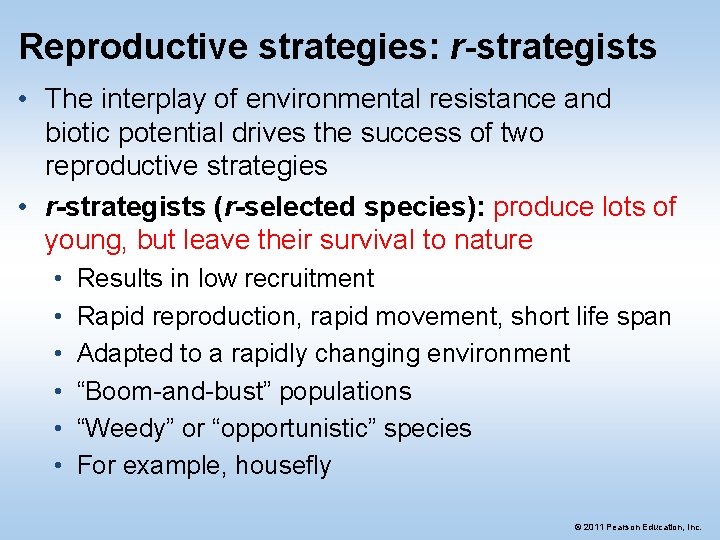 Reproductive strategies: r-strategists • The interplay of environmental resistance and biotic potential drives the
