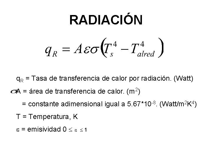 RADIACIÓN q. R = Tasa de transferencia de calor por radiación. (Watt) A =