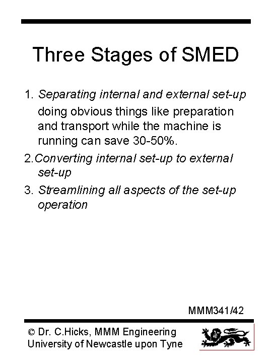 Three Stages of SMED 1. Separating internal and external set-up doing obvious things like