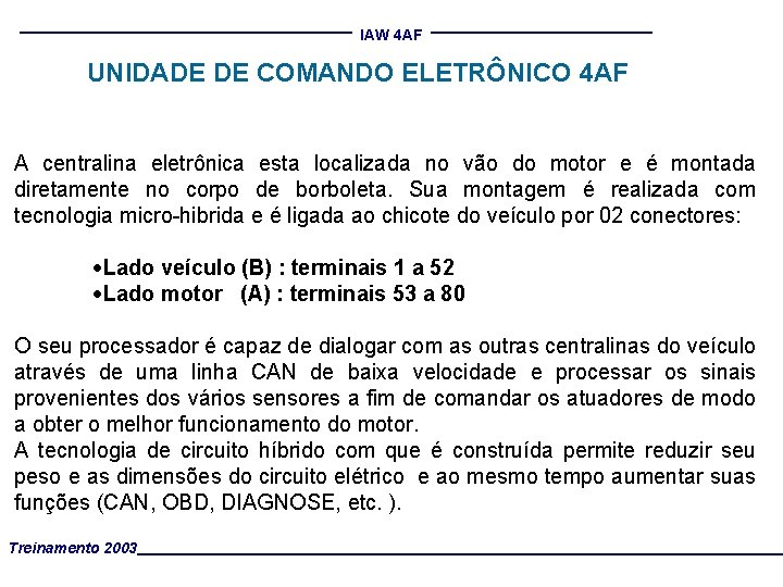 IAW 4 AF UNIDADE DE COMANDO ELETRÔNICO 4 AF A centralina eletrônica esta localizada