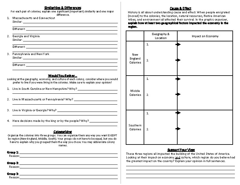Similarities & Differences For each pair of colonies, explain one significant (important) similarity and Similarities & Differences For each pair of colonies, explain one significant (important) similarity and