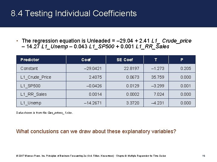 8. 4 Testing Individual Coefficients • The regression equation is Unleaded = – 29.