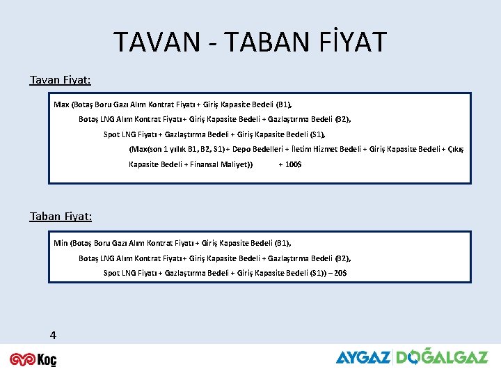 TAVAN - TABAN FİYAT Tavan Fiyat: Max (Botaş Boru Gazı Alım Kontrat Fiyatı +