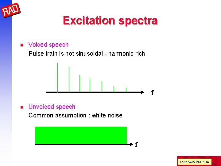 Excitation spectra n Voiced speech Pulse train is not sinusoidal - harmonic rich f