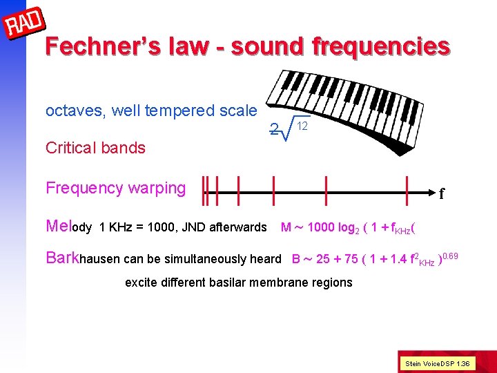 Fechner’s law - sound frequencies octaves, well tempered scale 2 12 Critical bands Frequency