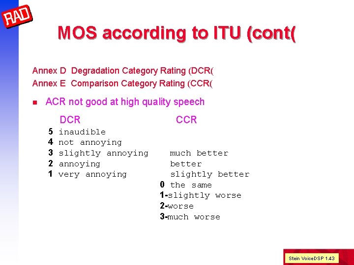 MOS according to ITU (cont( Annex D Degradation Category Rating (DCR( Annex E Comparison