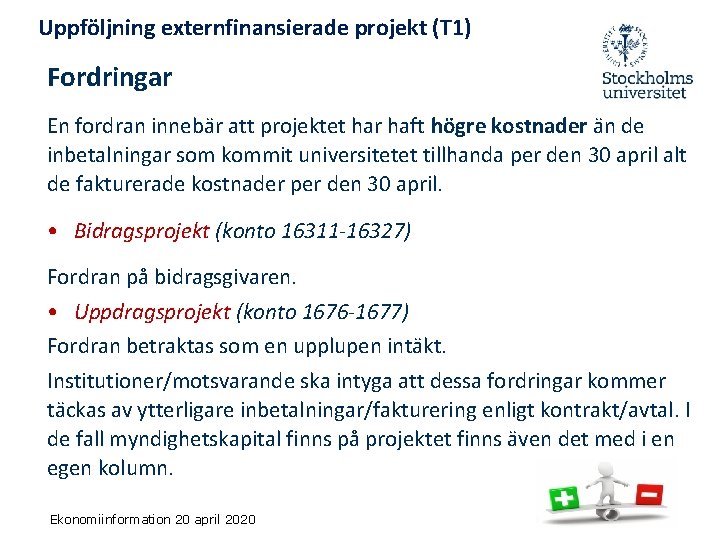 Uppföljning externfinansierade projekt (T 1) Fordringar En fordran innebär att projektet har haft högre