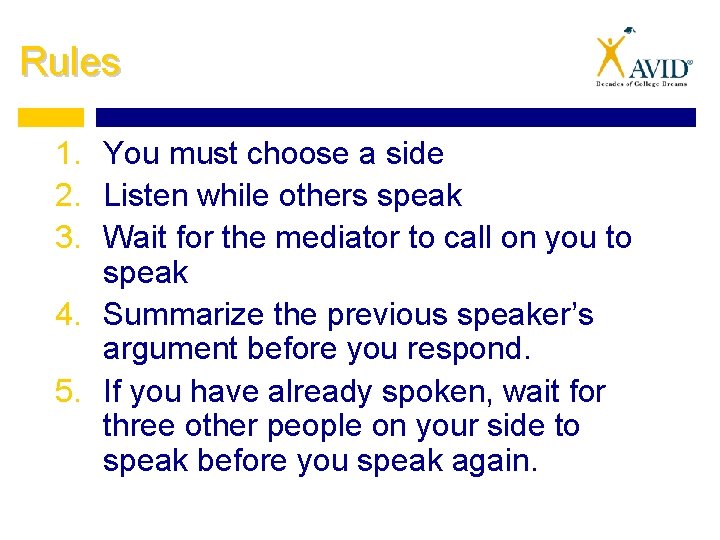 Rules 1. You must choose a side 2. Listen while others speak 3. Wait