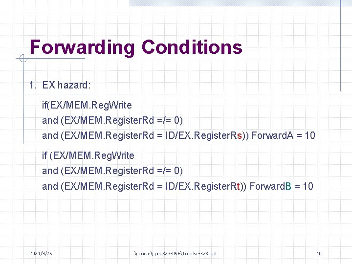 Forwarding Conditions 1. EX hazard: if(EX/MEM. Reg. Write and (EX/MEM. Register. Rd =/= 0)