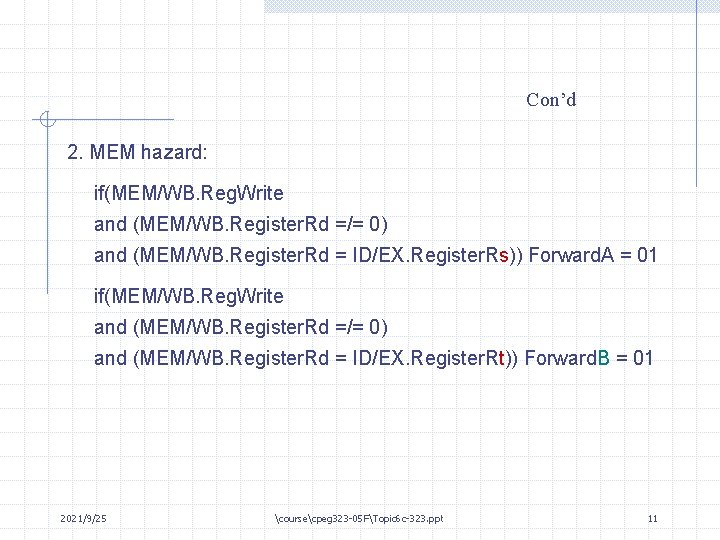 Con’d 2. MEM hazard: if(MEM/WB. Reg. Write and (MEM/WB. Register. Rd =/= 0) and