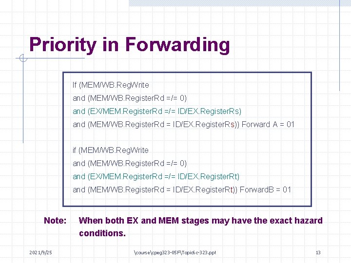 Priority in Forwarding If (MEM/WB. Reg. Write and (MEM/WB. Register. Rd =/= 0) and