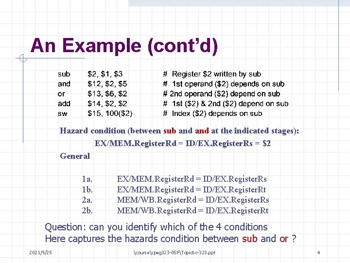 An Example (cont’d) Hazard condition (between sub and at the indicated stages): EX/MEM. Register.