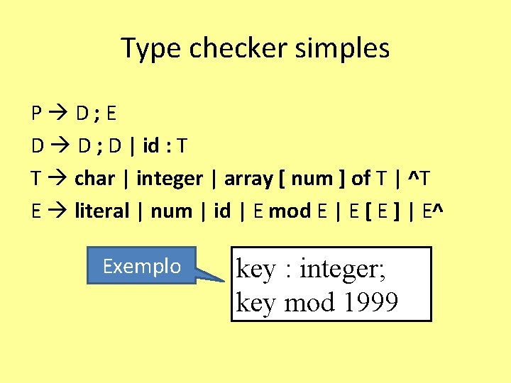 Type checker simples P D; E D D ; D | id : T