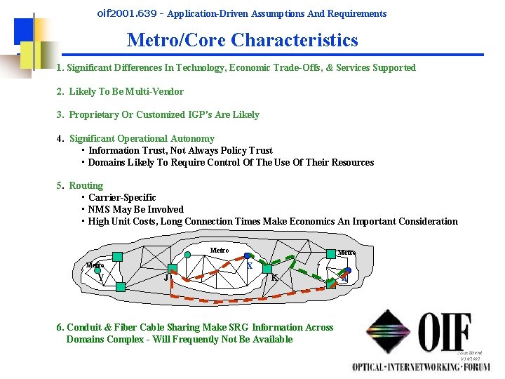 oif 2001. 639 - Application-Driven Assumptions And Requirements Metro/Core Characteristics 1. Significant Differences In