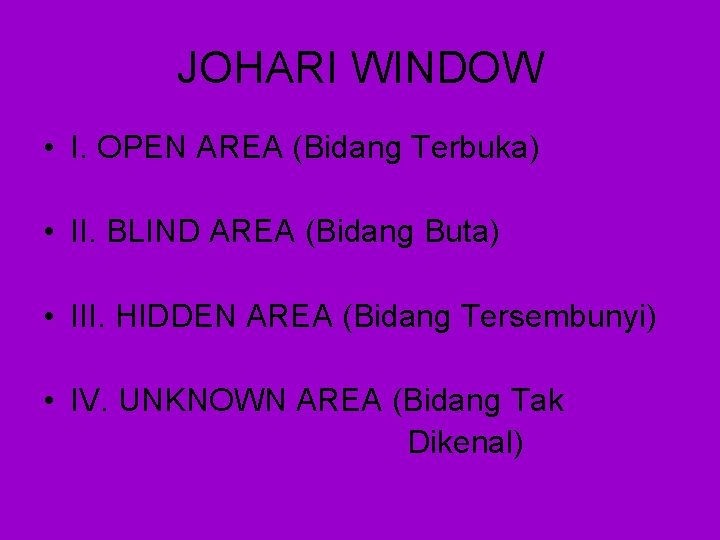 JOHARI WINDOW • I. OPEN AREA (Bidang Terbuka) • II. BLIND AREA (Bidang Buta)