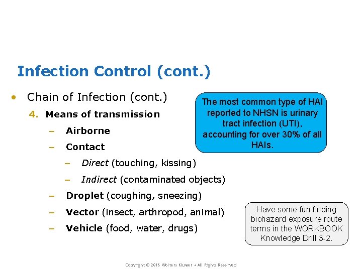 Infection Control (cont. ) • Chain of Infection (cont. ) 4. Means of transmission Infection Control (cont. ) • Chain of Infection (cont. ) 4. Means of transmission