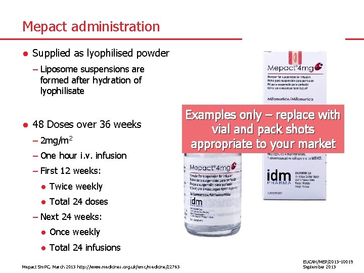 Mepact administration ● Supplied as lyophilised powder – Liposome suspensions are formed after hydration