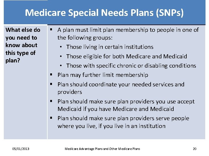 Medicare Special Needs Plans (SNPs) What else do you need to know about this