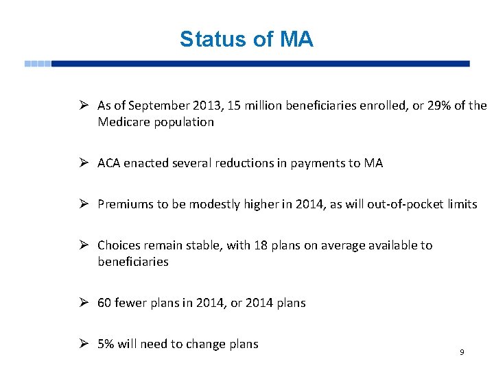 Status of MA Ø As of September 2013, 15 million beneficiaries enrolled, or 29%