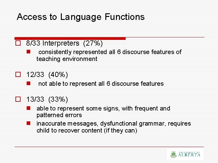 Access to Language Functions o 8/33 Interpreters (27%) n consistently represented all 6 discourse