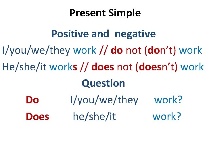 Present Simple Positive and negative I/you/we/they work // do not (don’t) work He/she/it works