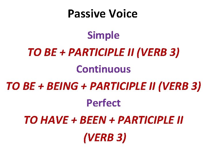 Passive Voice Simple TO BE + PARTICIPLE II (VERB 3) Continuous TO BE +