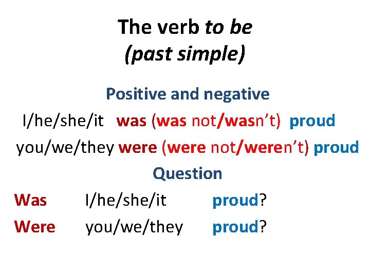 The verb to be (past simple) Positive and negative I/he/she/it was (was not/wasn’t) proud