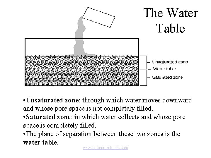 The Water Table • Unsaturated zone: through which water moves downward and whose pore