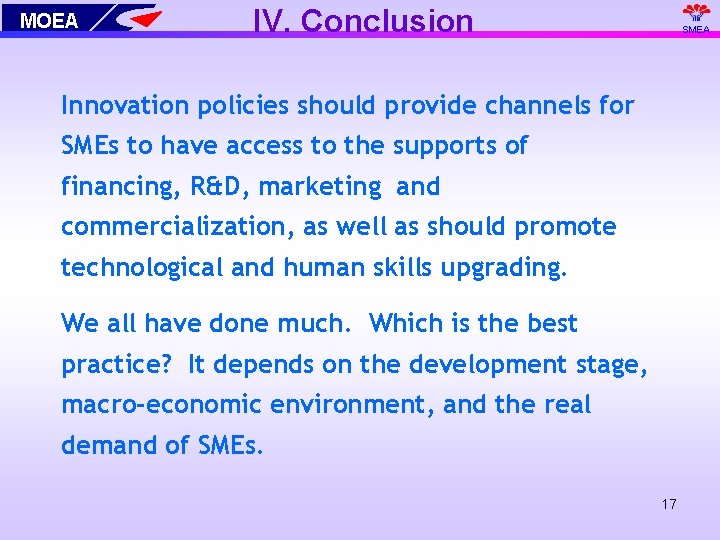 MOEA IV. Conclusion SMEA Innovation policies should provide channels for SMEs to have access