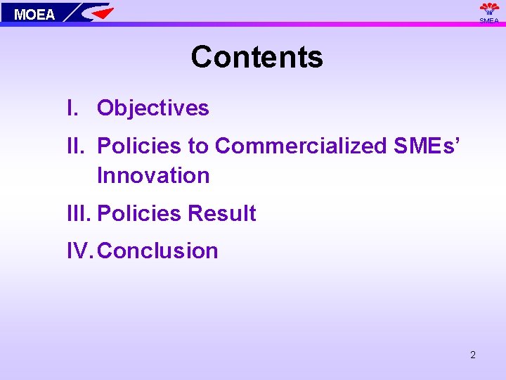 MOEA SMEA Contents I. Objectives II. Policies to Commercialized SMEs’ Innovation III. Policies Result