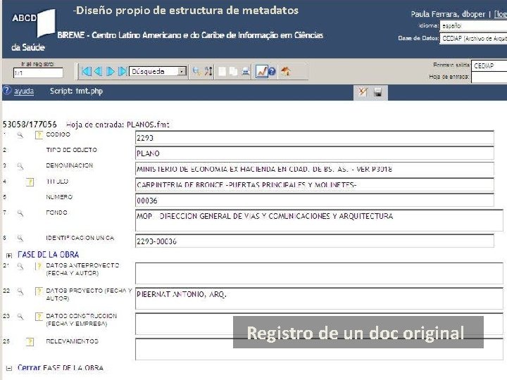 -Diseño propio de estructura de metadatos Registro de un doc original 