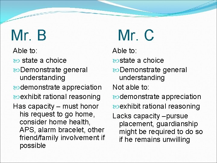 Mr. B Able to: state a choice Demonstrate general understanding demonstrate appreciation exhibit rational