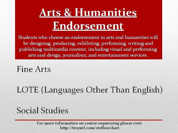 Arts & Humanities Endorsement Students who choose an endorsement in arts and humanities will