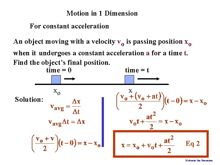 Motion in 1 Dimension For constant acceleration An object moving with a velocity vo